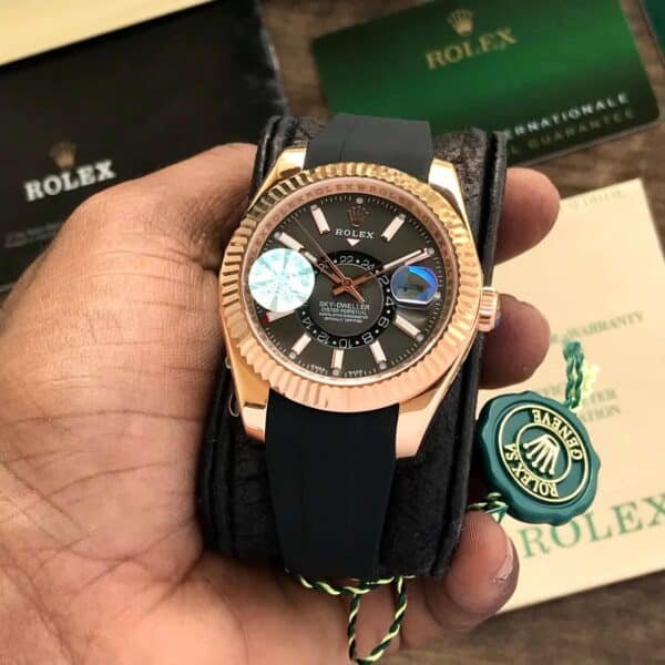 Rolex SkyDweller Grey Dial Black Fiber Belt Japanese Automatic Mens Watch